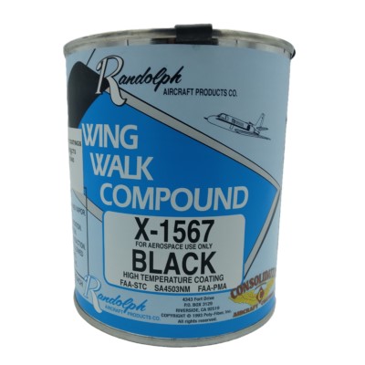 A can of Randolph Wing Walk Compound in black, labeled X-1567. The product is designed for creating non-slip surfaces on aircraft wings. The label features a blue and white design with product details.