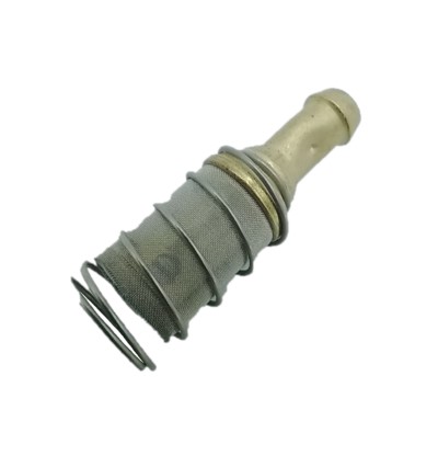 Fuel tank fuel pickup with a cylindrical mesh filter and a coiled wire spring, designed for fuel systems.