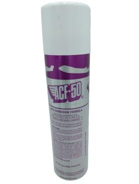 A white spray can labeled "ACF-50 Anti-Corrosion Formula" with purple accents. The text and logo are prominently displayed on the front, detailing its protective properties against corrosion.