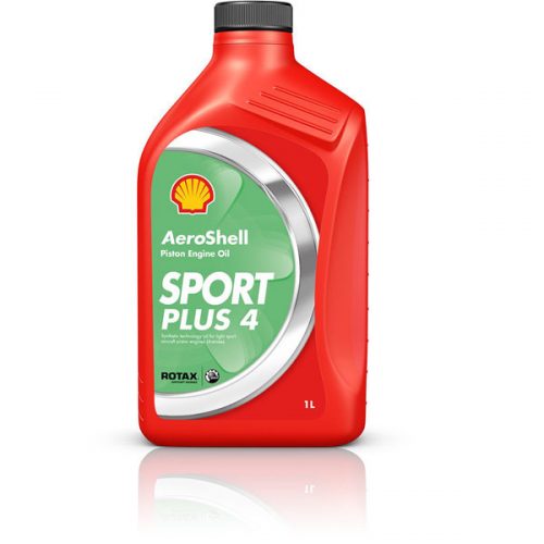 Red bottle of AeroShell Sport Plus 4 piston engine oil with a green label, featuring the Shell logo and product name in white text. The bottle is designed for aviation use.