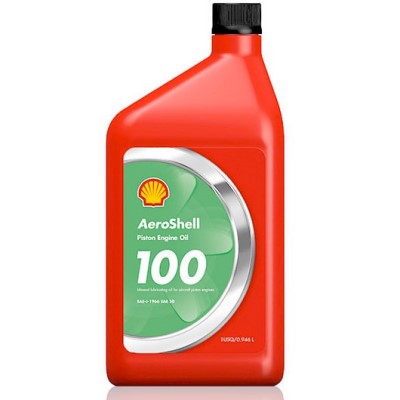Red bottle of Aeroshell Oil 100 Mineral Oil with a black cap and green label featuring the Shell logo.