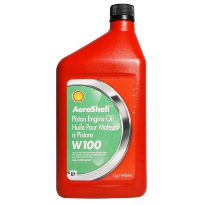 Red bottle of AeroShell W100 Single Grade piston engine oil with a green label and Shell logo, containing 1 quart (946 ml).