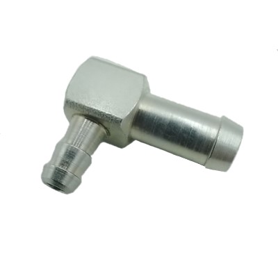 A metallic fuel tank elbow with a right-angle bend and threaded ends, designed for connecting fuel lines.