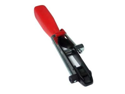 A clamp banding tool with a red handle and metal components, designed for securing bands tightly.