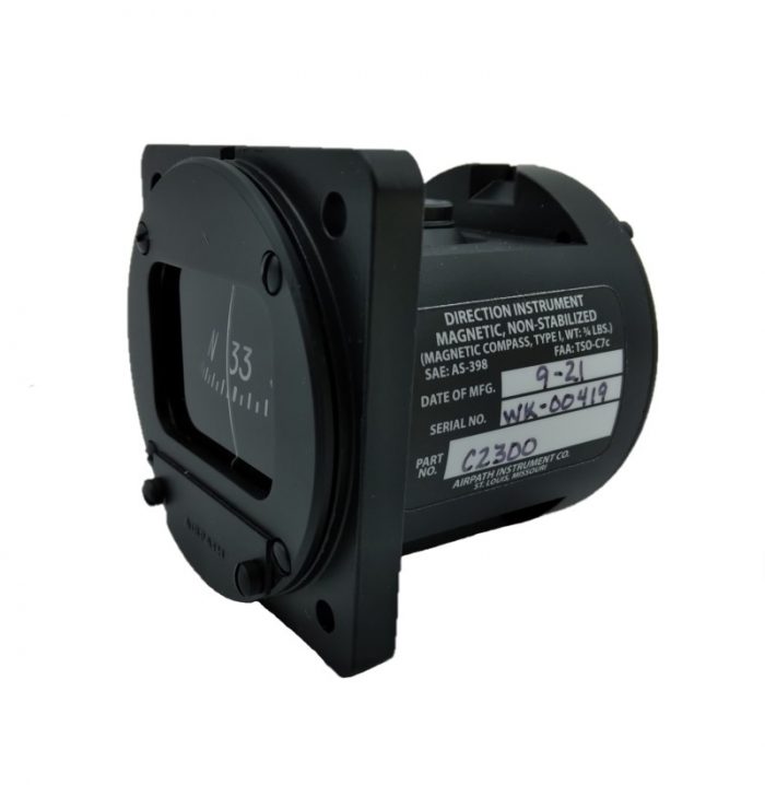 A black Airpath 2 1/4" compass with a square mounting base, showing a directional indicator on the front and a label with technical details on the side.