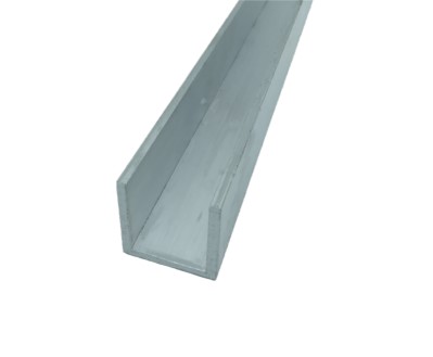 6063-T5 Aluminum "C" Channel, shown from an angle, highlighting its U-shaped cross-section and smooth metallic surface.