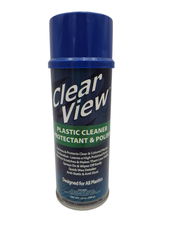 A blue aerosol can labeled "ClearView Plastic Cleaner, Protectant & Polish." The can features a dark background with green text highlighting its purpose for cleaning and protecting plastics. It is designed for all types of plastics.