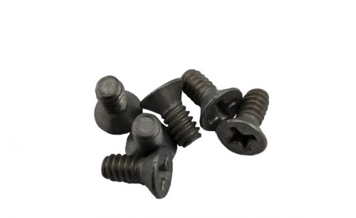 A group of six black 82-degree countersink machine screws with flat heads and threaded bodies, arranged on a white background.