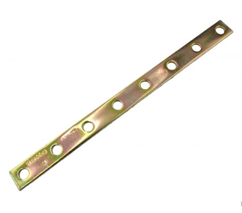 A metal buss bar with a series of evenly spaced holes along its length, used for electrical connections.