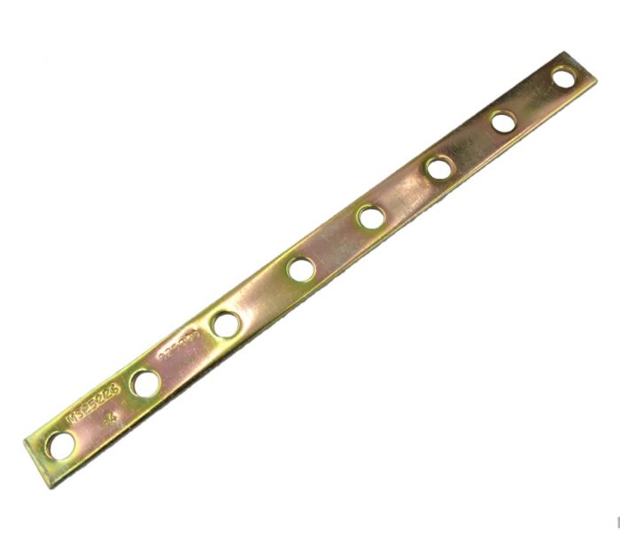 A metal buss bar with a series of evenly spaced holes along its length, used for electrical connections.