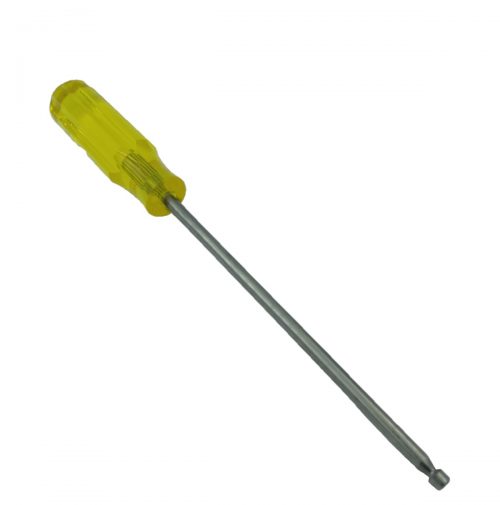 A safety wire tool with a yellow handle and a long metal shaft, designed for securing bolts and fasteners.