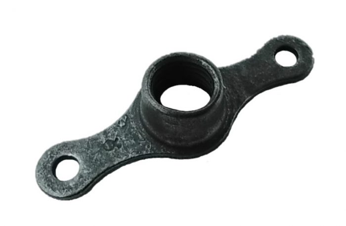 Anchor Nut Two Lug (MS21047) in dark metal, featuring a central threaded hole with two extended arms, each with a hole for fastening.