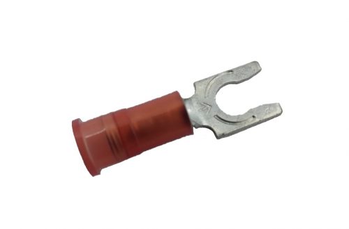 Insulated Mini Spring Spade with a red plastic sleeve and a metal forked end, designed for electrical connections.