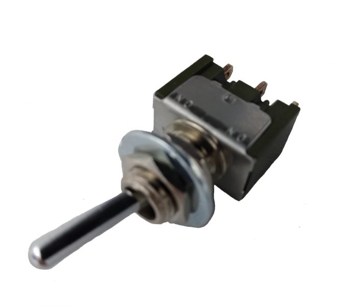 Miniature toggle switch with a metal lever, silver mounting nut, and three copper terminals, designed for electronic applications.