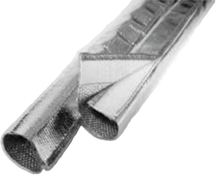 A close-up view of the "Express Sleeve," a flexible, metallic sleeve designed for heat protection. The sleeve is partially opened, showing its textured interior and smooth exterior, ideal for insulating cables or pipes.