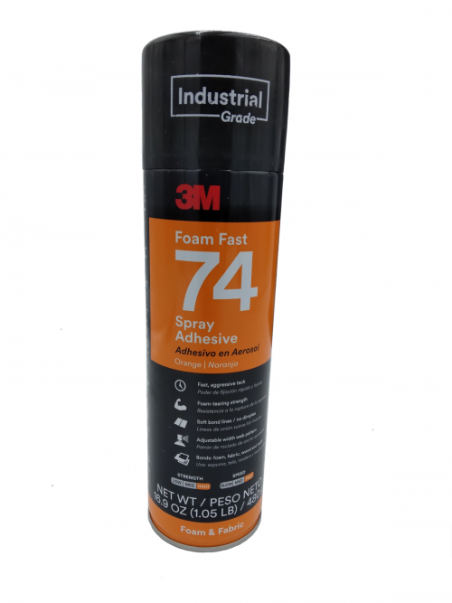 A can of 3M Foamfast 74 Spray Adhesive with an orange and black label, featuring the words "Industrial Grade" and "Foam Fast 74". The can is designed for bonding foam and fabric, with usage instructions in white text.
