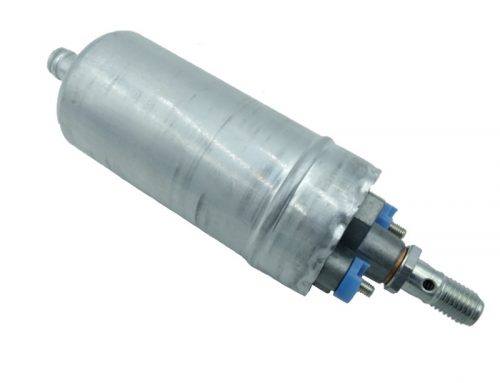 A cylindrical metal component, likely part of a fuel system, with connectors on one end. It appears to be an automotive fuel pump.