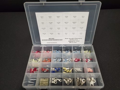 A plastic organizer box labeled "Homebuilder's Terminal Kit" contains various electrical terminals and connectors in separate compartments. The lid has a chart detailing the contents.