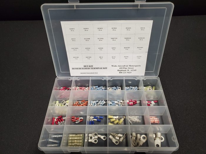 A plastic organizer box labeled "Homebuilder's Terminal Kit" contains various electrical terminals and connectors in separate compartments. The lid has a chart detailing the contents.