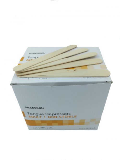 A box labeled "Tongue Depressors" with several wooden sticks on top. The product is described as "Mixing Stick, 500 per box."