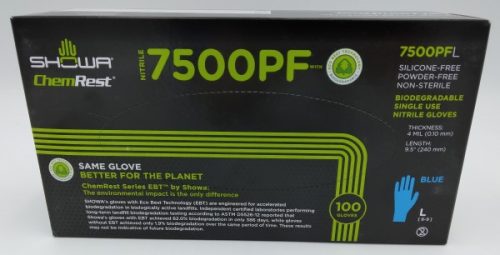 Box of Showa 7500PF biodegradable single-use nitrile gloves, silicone-free and powder-free. The packaging is black with green accents, featuring text about environmental benefits and a blue glove illustration. Contains 100 gloves.