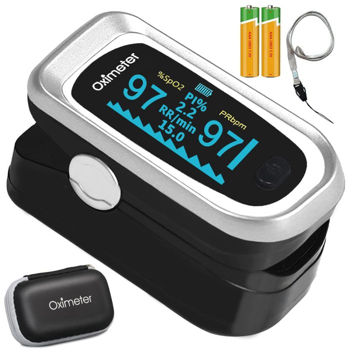 Image of a pulse oximeter with a digital display showing readings. It includes a carrying case, two batteries, and a lanyard. The device is black and silver, designed for measuring blood oxygen levels and pulse rate.