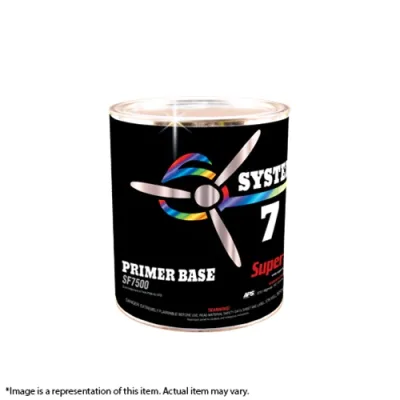 A can of Superflite System VII Primer Base, labeled SF7500, with a black background and a colorful propeller graphic. The text indicates it is a primer base. Note states image is a representation and actual item may vary.