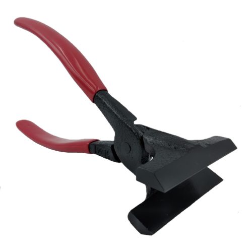 A hand seamer with red handles and a black, flat, wide jaw designed for bending and flattening sheet metal.