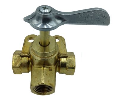 Image of a Weatherhead Shutoff Valve featuring a brass body with three ports and a metal lever handle on top for controlling flow.