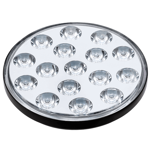 Round LED light with 18 individual bulbs arranged in a circular pattern.