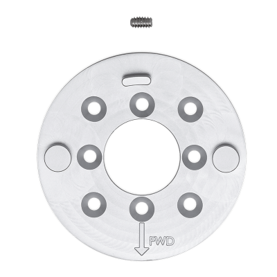 Circular metal mount kit for SUNBEACON II with multiple holes and an arrow labeled "FWD" pointing forward. Small screw included above the mount.