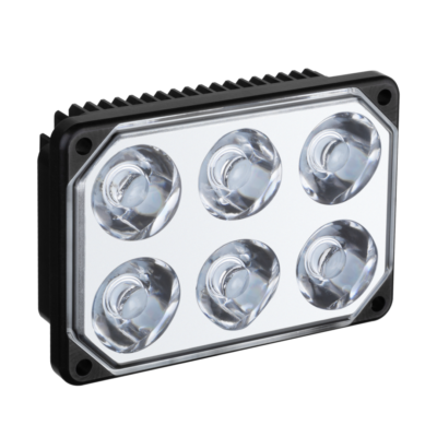 Rectangular LED light panel with six circular bulbs, branded as "SUNBEAM." The panel has a sleek black frame and a reflective silver surface, designed for efficient illumination.