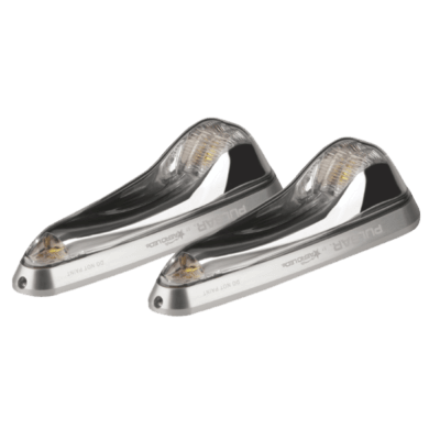 Two sleek, silver PULSAR-TSO aircraft lights with clear covers, designed for aerodynamic efficiency.