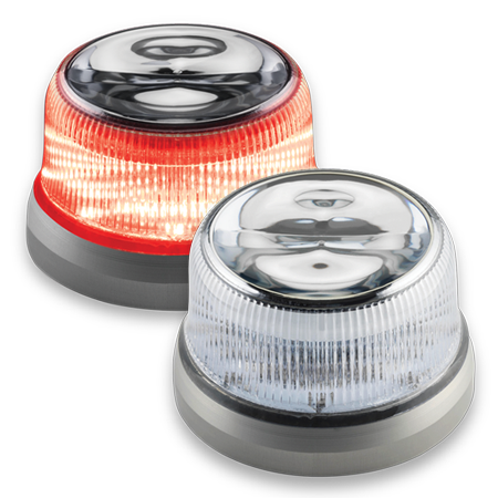 Two SUNBEACON II lights, one red and one clear, with ribbed lenses and gray bases, are shown. The lights have reflective tops and are designed for signaling or emergency use.