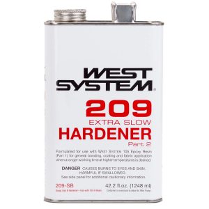 A metal can of West System 209 Extra Slow Hardener, labeled as Part 2 for epoxy resin use. The can includes safety warnings and has a screw cap on top. Capacity is 42.2 fl. oz. (1248 ml).