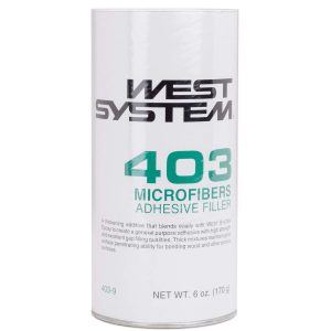 A canister labeled "West System 403 Microfibers Adhesive Filler" with a net weight of 6 oz (170 g). The container is white with green and black text.