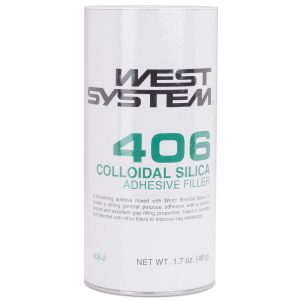 White cylindrical container labeled "West System 406 Colloidal Silica Adhesive Filler," net weight 1.7 oz (48g).
