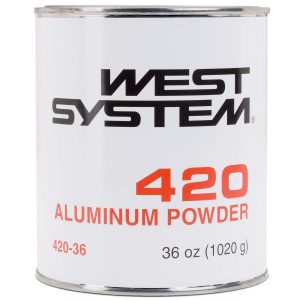 A can of West System 420 Aluminum Powder, labeled with "36 oz (1020 g)" and product code "420-36".