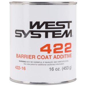 A can labeled "West System 422 Barrier Coat Additive" with warnings about potential harm if inhaled and eye irritation. The can contains 16 oz (453 g) of product.