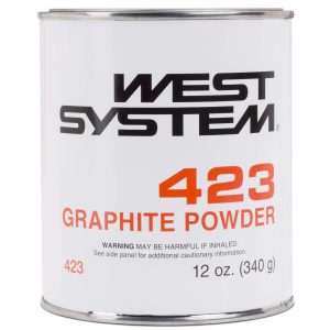 A can of West System 423 Graphite Powder, labeled with a warning about inhalation. The container holds 12 oz (340 g) of the product.