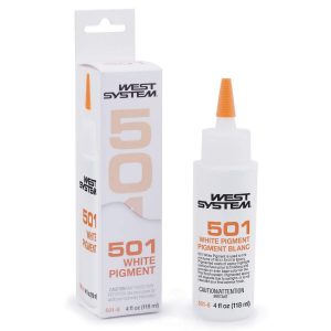 Bottle and box of West System 501 White Pigment. The bottle has an orange nozzle and is labeled with product details. The box stands upright, displaying similar branding and information.