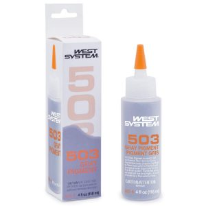 Bottle and box of "503 Gray Pigment" by West System, featuring an orange nozzle and text. The box displays the product name and image of the bottle.