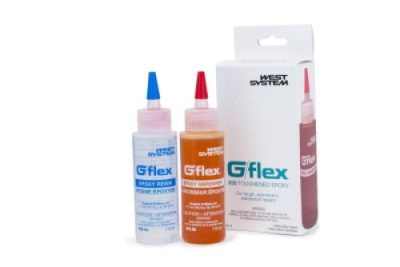 Two bottles of G/Flex 650 Toughened Epoxy, one with a blue cap and one with a red cap, are displayed next to their packaging. The box and bottles feature the product branding and details.