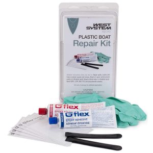 Plastic Boat Repair Kit 655-K includes epoxy adhesive, mixing sticks, gloves, and instructions, packaged in a clear plastic case.