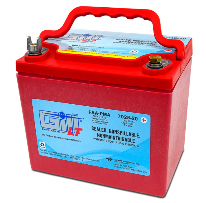 Red Gill 7025-20 Sealed Battery with a blue label, featuring a handle on top and two terminals. The label indicates it is sealed, nonspillable, and nonmaintainable, suitable for aircraft use.