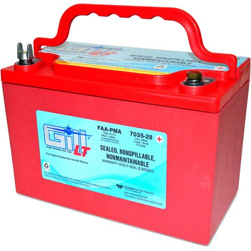 Red Gill 7035-28 sealed battery with a carrying handle, labeled as sealed, nonspillable, and nonmaintainable.