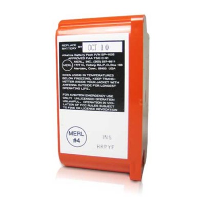 Orange and white BP1005 ELT Battery with a black label displaying technical information and an expiration date, designed for emergency use in aviation.