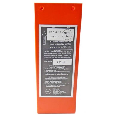 Red rectangular BP1010 ELT Battery with a detailed label featuring product information and specifications.