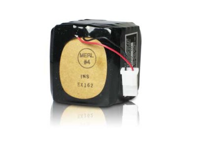 BP1030 ELT Battery with a black casing, a circular label marked "MERL 64 INS EX162," and a red and black wire connected to a white plug.