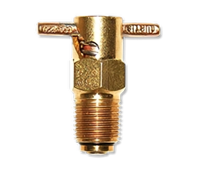 A brass fuel drain valve with a threaded base and a T-shaped handle. The valve is designed for draining fuel, featuring a shiny finish and visible threading for secure attachment. The product is labeled "CCA 1250 Fuel Drain."